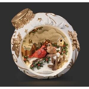Roman Snowy Village Lighted Ornament with Red Cardinal Pair NIB